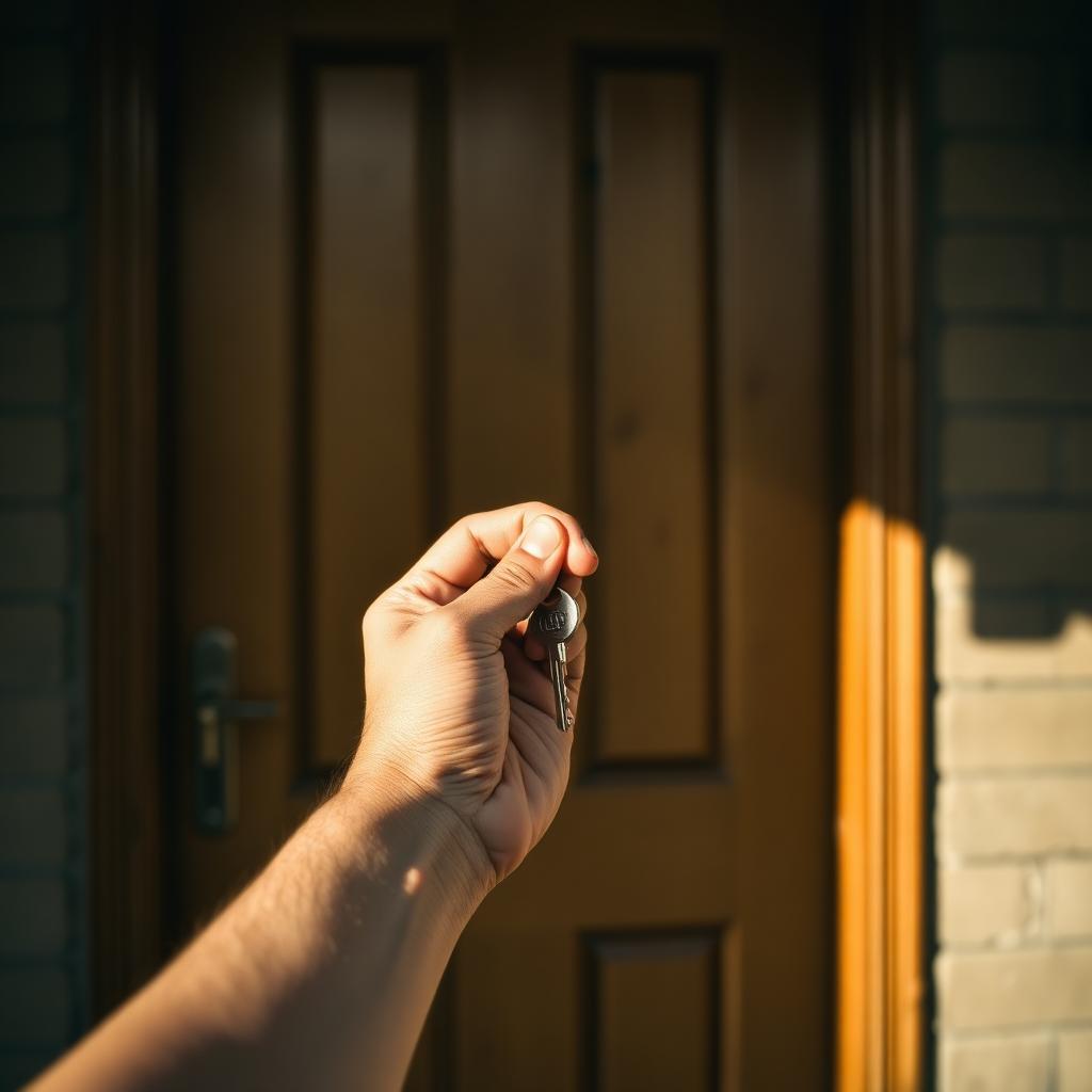 Hand met huissleutel voor een houten voordeur