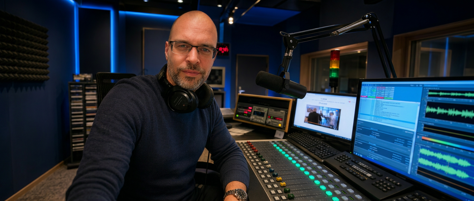 Robin Prijs in een professionele radiostudio, met koptelefoon en microfoon
